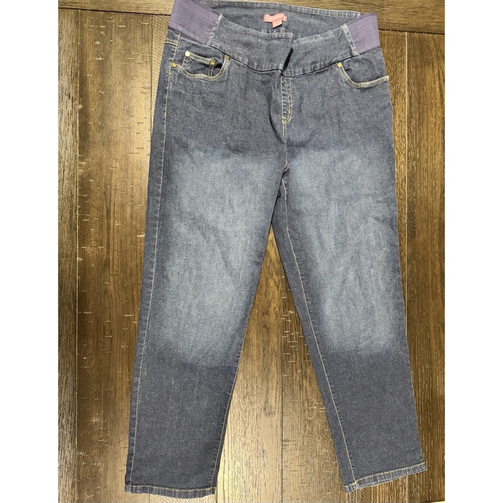 Women With Control Size 16WP Plus Petite Blue Denim Cropped Jeans Elastic Waist